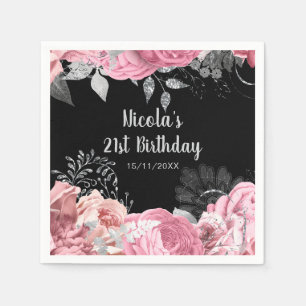 Elegant Pink and Silver Flowers Birthday Party Napkins