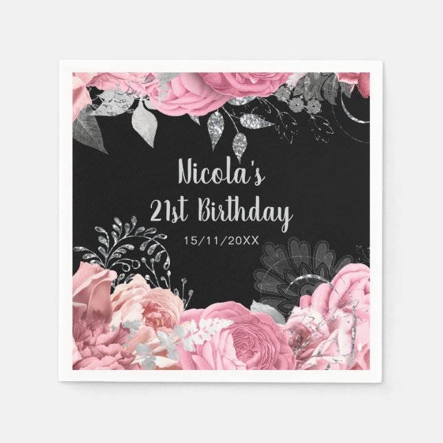 Elegant Pink and Silver Flowers Birthday Party Napkins (Front)