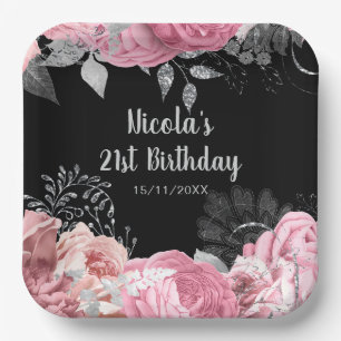 Elegant Pink and Silver Flowers Birthday Party Paper Plates