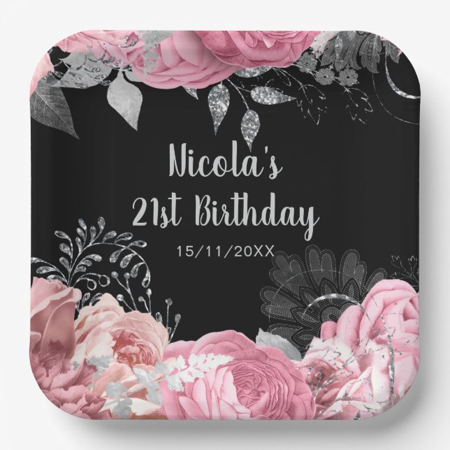 Elegant Pink and Silver Flowers Birthday Party Paper Plates (Front)
