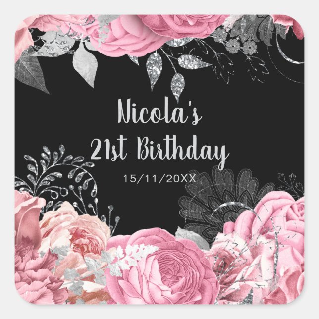 Elegant Pink and Silver Flowers Birthday Party Square Sticker (Front)