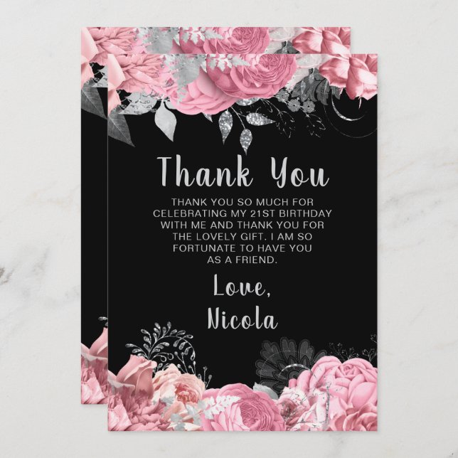 Elegant Pink and Silver Flowers Birthday Party Thank You Card (Front/Back)