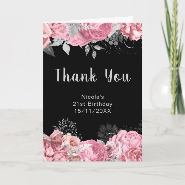 Elegant Pink and Silver Flowers Birthday Party Thank You Card (Front)