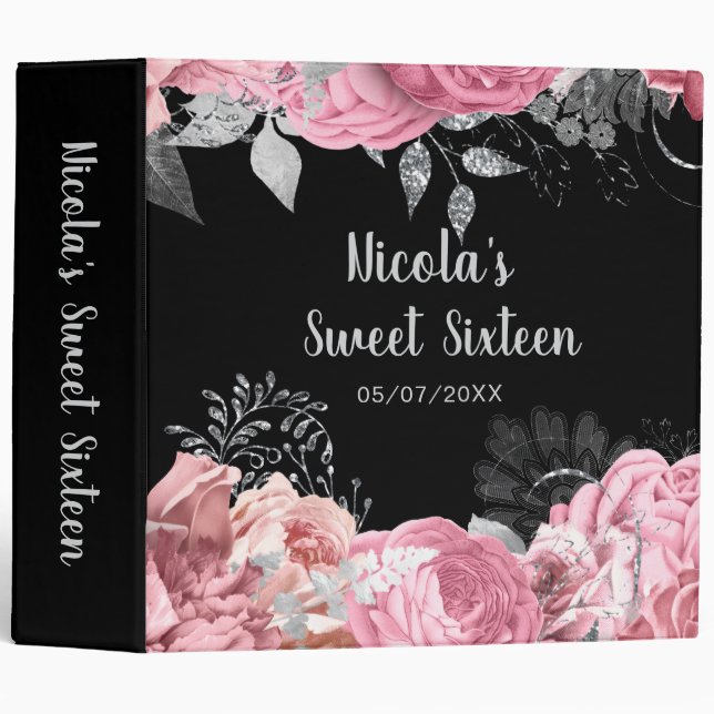Elegant Pink and Silver Flowers Sweet Sixteen  3 Ring Binder (Front/Spine)