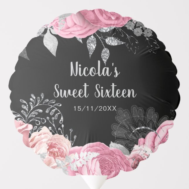 Elegant Pink and Silver Flowers Sweet Sixteen Balloon (Front)