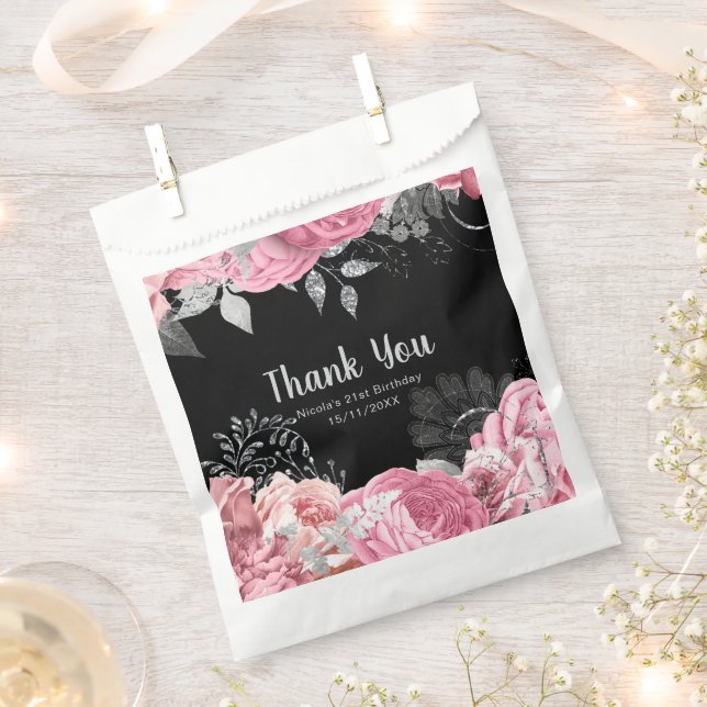 Elegant Pink and Silver Flowers Sweet Sixteen  Favor Bag (Clipped)