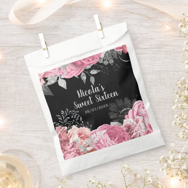 Elegant Pink and Silver Flowers Sweet Sixteen  Favor Bag (Clipped)