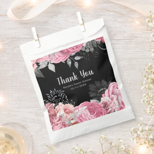 Elegant Pink and Silver Flowers Sweet Sixteen Favor Bag