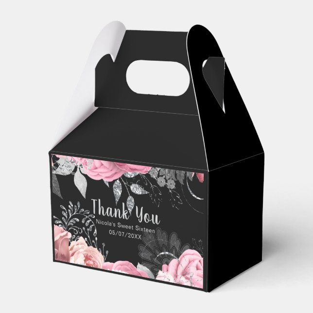 Elegant Pink and Silver Flowers Sweet Sixteen  Favor Boxes (Front Side)