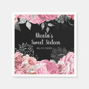Elegant Pink and Silver Flowers Sweet Sixteen Napkins