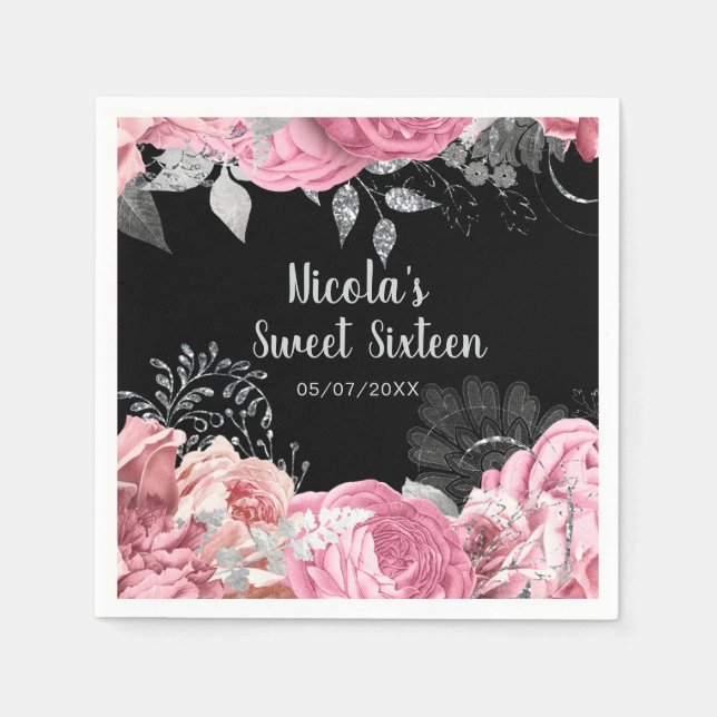 Elegant Pink and Silver Flowers Sweet Sixteen  Napkins (Front)