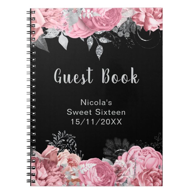 Elegant Pink and Silver Flowers Sweet Sixteen Notebook (Front)
