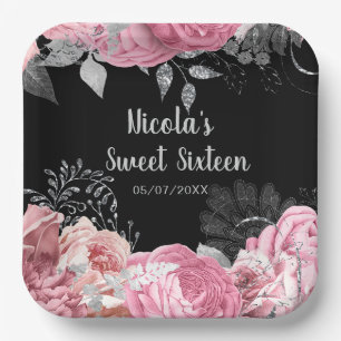 Elegant Pink and Silver Flowers Sweet Sixteen Paper Plates