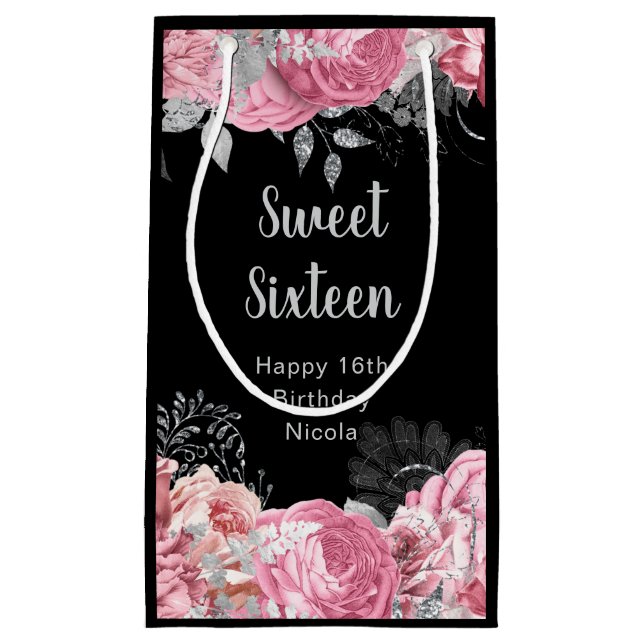 Elegant Pink and Silver Flowers Sweet Sixteen  Small Gift Bag (Front)