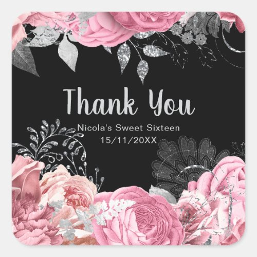 Elegant Pink and Silver Flowers Sweet Sixteen Square Sticker