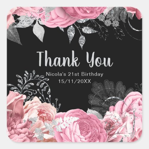 Elegant Pink and Silver Flowers Sweet Sixteen  Square Sticker