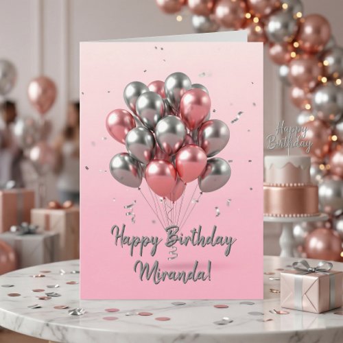 Elegant Pink and Silver Metallic Balloons Birthday Card