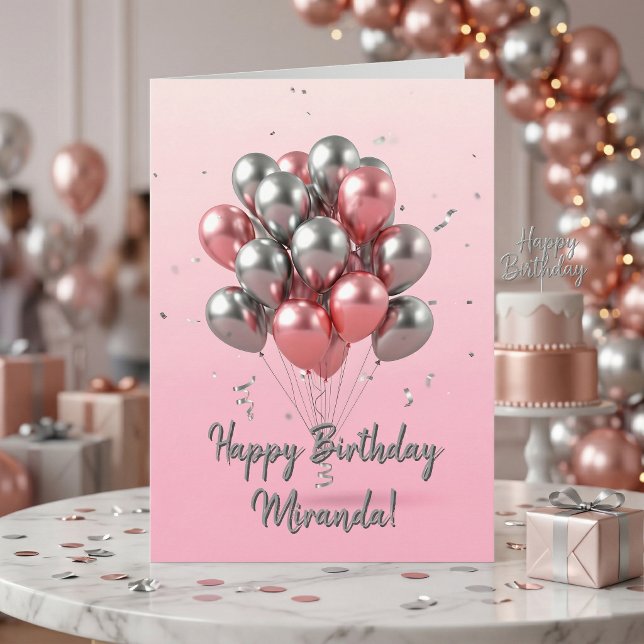 Elegant Pink and Silver Metallic Balloons Birthday Card (Creator Uploaded)