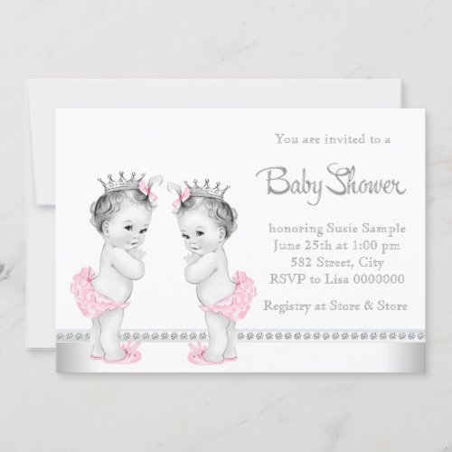Elegant Pink and Silver Twin Girl Baby Shower Card