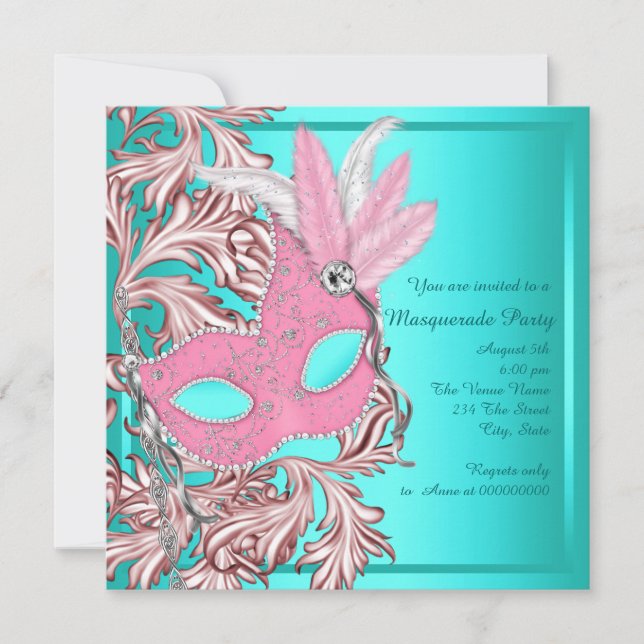 Elegant Pink and Teal Blue Masquerade Party Invitation (Front)