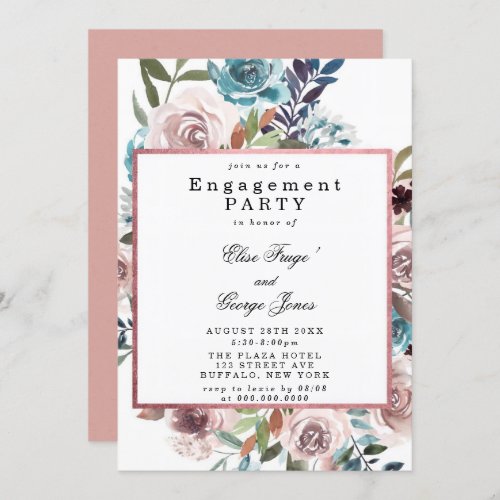 Elegant Pink and Teal Peonies Engagement Party  In Invitation