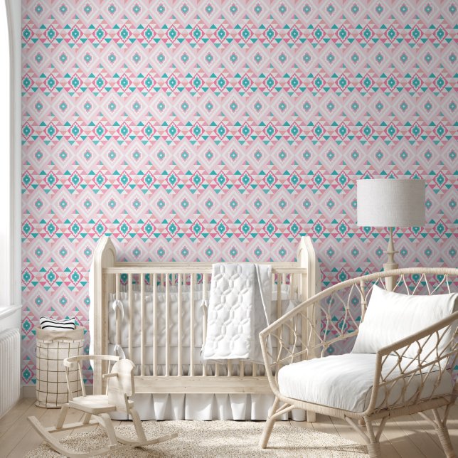 Elegant Pink and Turqoise Aztec Pattern Wallpaper (Kids)