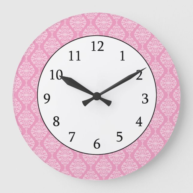 Elegant Pink And White  Damask Pattern Large Clock (Front)