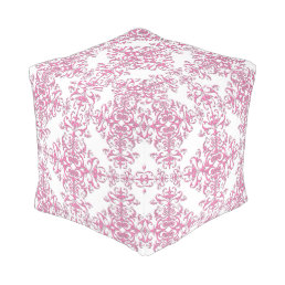 Elegant Pink and White Damask Style Pattern Pouf