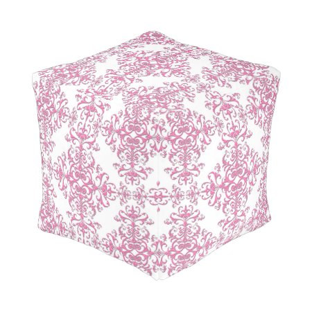 Elegant Pink And White Damask Style Pattern Pouf