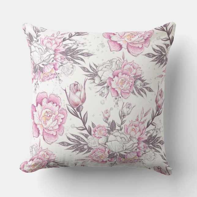 Elegant Pink and White Floral Design Gray Foliage  Throw Pillow (Front)