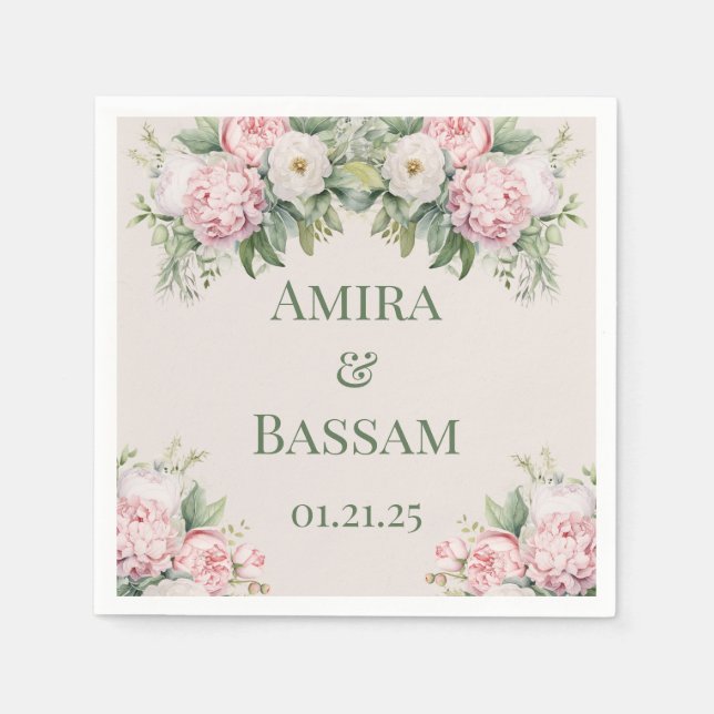 Elegant Pink and White Floral Muslim Wedding Napkins (Front)