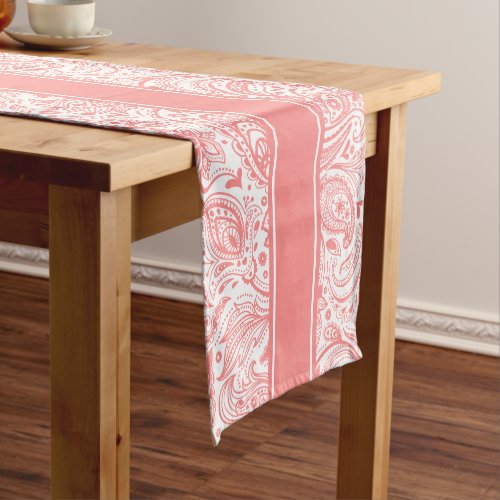 Elegant Pink and White Floral Paisley  Stripes Short Table Runner