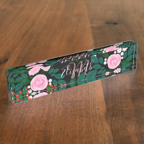 Elegant Pink and white Floral watercolor Paint Desk Name Plate