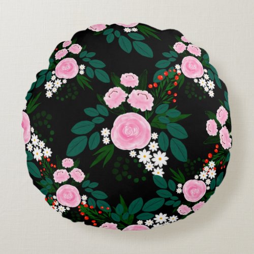 Elegant Pink and white Floral watercolor Paint Round Pillow