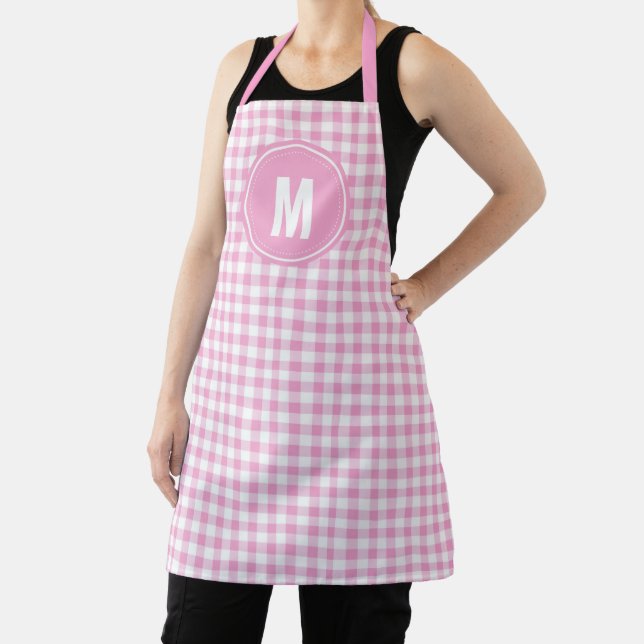Elegant Pink and White Gingham Pattern Monogram Apron (Insitu)