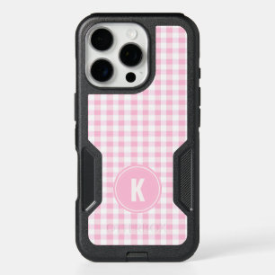 Elegant Pink and White Gingham Pattern Monogram iPhone 16 Pro Case