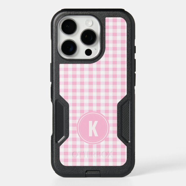 Elegant Pink and White Gingham Pattern Monogram Otterbox iPhone Case (Back)