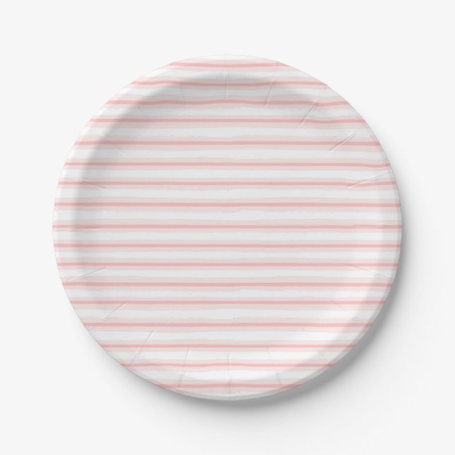 Elegant Pink and White Horizontal Stripes Pattern Paper Plates (Front)