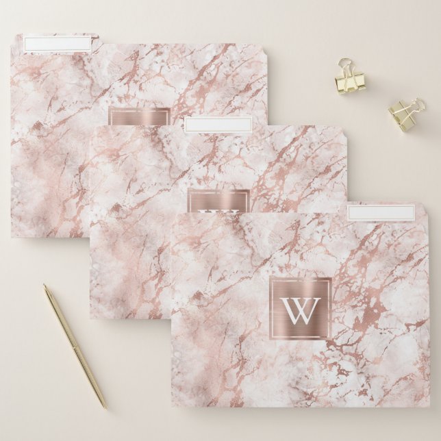 Elegant Pink and White Marble Rose Gold Monogram File Folder (Set)