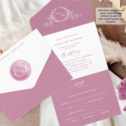 Elegant Pink and White Monogram Wedding All In One Invitation