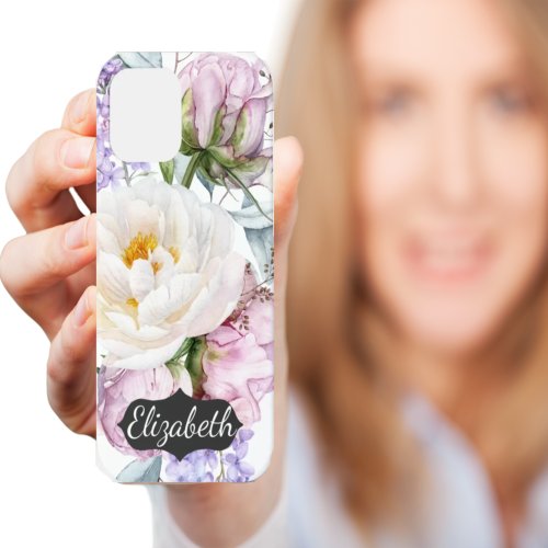 Elegant Pink and White Peony Floral Personalized iPhone 12 Case