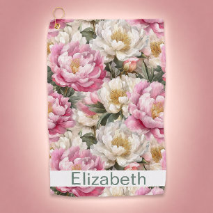 Elegant Pink and White Peony Personalized Golf Towel