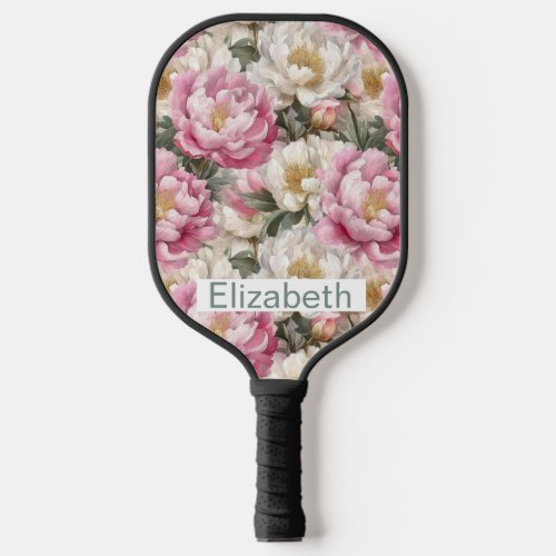 Elegant Pink and White Peony Personalized Pickleball Paddle