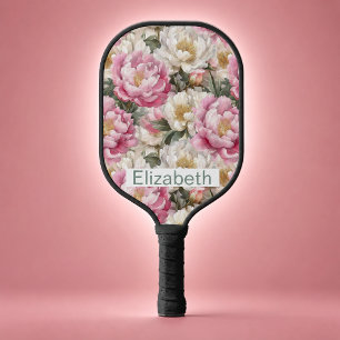 Elegant Pink and White Peony Personalized Pickleball Paddle
