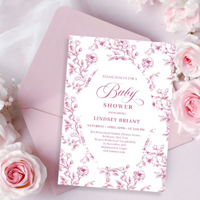 Elegant Pink and White Rose Pattern Baby Shower   Invitation (Elegant Pink and White Rose Pattern Baby Shower Invite)