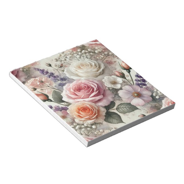 Elegant Pink and White Rose Pattern Notepad (Angled)