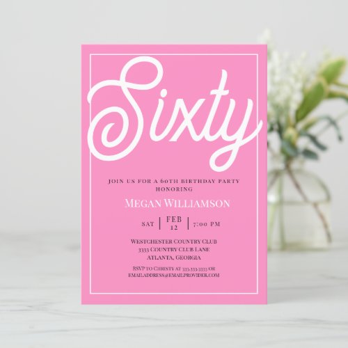 Elegant Pink and White Script 60th Birthday Invitation