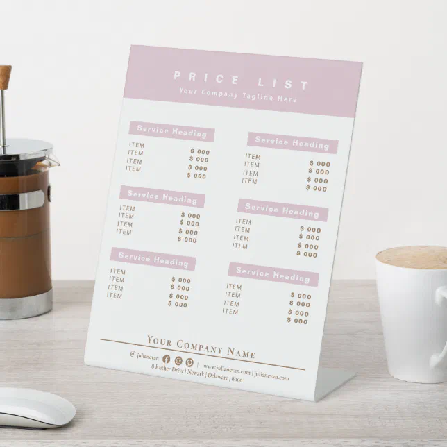 Price Menu Sign Elegant Pink and White Service Menu Price List Pedestal Sign | Zazzle