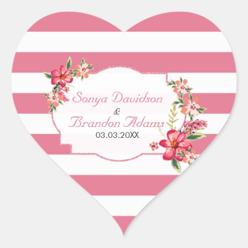 Elegant Pink And White Stripes And Flowers Heart Sticker