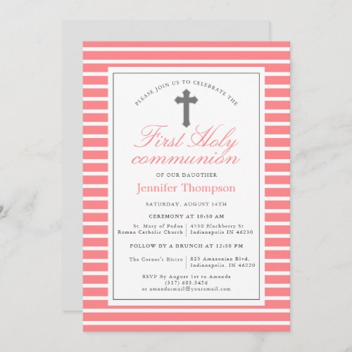 Elegant Pink and White Stripes First Communion Invitation
